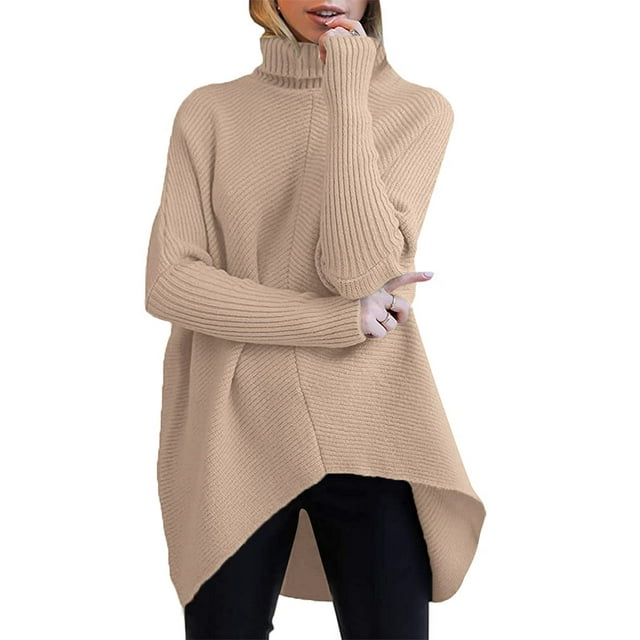 MOSHU Oversized Turtleneck Sweater for Women Asymmetric Hem Pullover