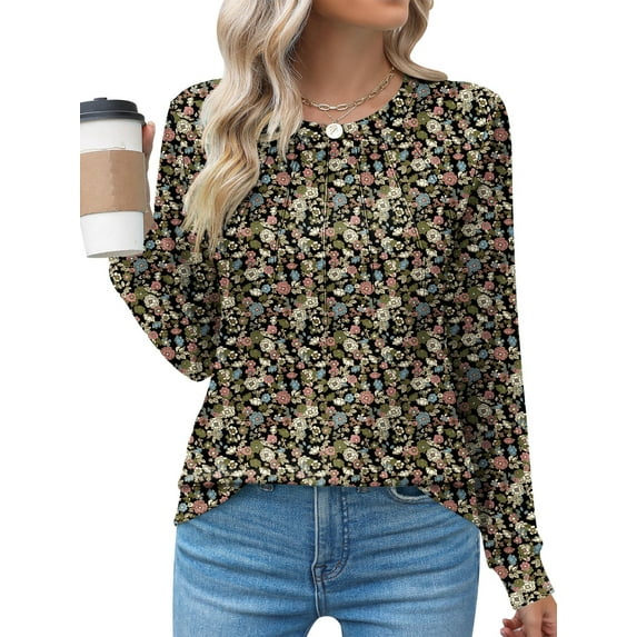 MOSHU Pleated Womens Tunic Tops Casual Dressy Blouses Fashion Long Sleeve Shirts for Women