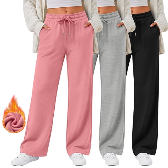 MOSHU Plus Size 3 Pack Wide Leg Sweatpants for Women Fleece Baggy Womens Sweatpants Drawstring Elastic Pants with Pockets