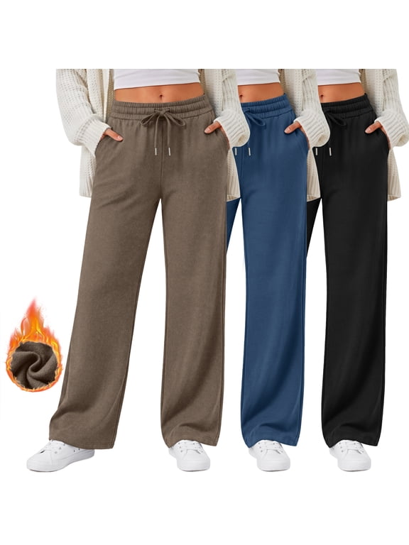 Plus Size 3 Pack Wide Leg Sweatpants for Women Fleece Baggy Womens Sweatpants Drawstring Elastic Pants with Pockets