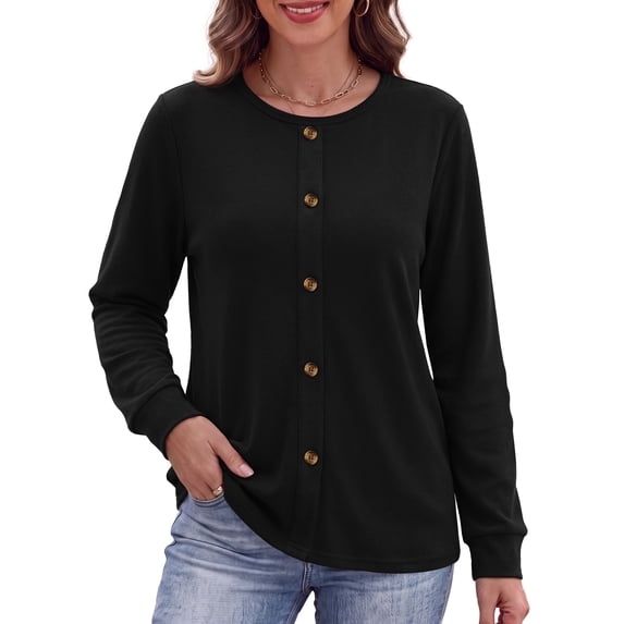 MOSHU Plus Size Crewneck Sweatshirts for Women Decorative Buttons Long Sleeve Shirts Fashion Pullover Womens Sweatshirts Fall Tops