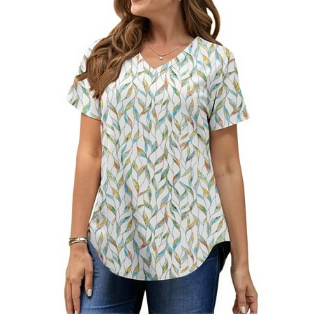 MOSHU Plus Size T-shirts for Women V Neck Summer Tunic Tops Floral Print Curved Hem Women Shirts