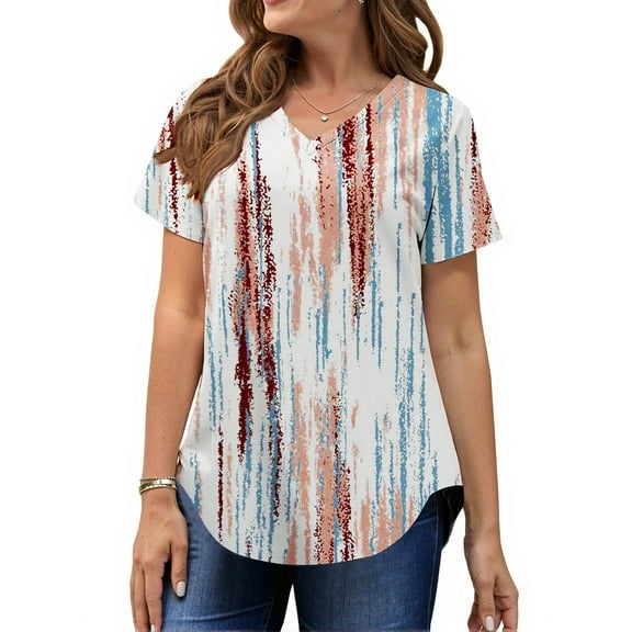 MOSHU Plus Size T-shirts for Women V Neck Summer Tunic Tops Floral Print Curved Hem Women Shirts