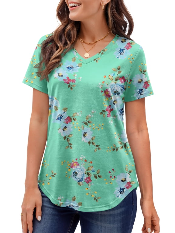 Plus Size T-shirts for Women V Neck Summer Tunic Tops Floral Print Curved Hem Women Shirts