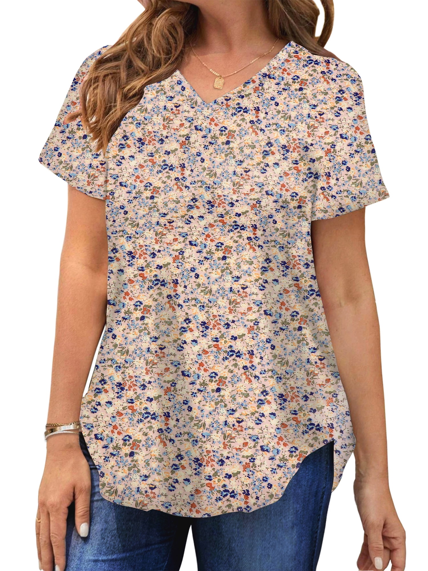 MOSHU Plus Size T-shirts for Women V Neck Summer Tunic Tops Floral ...