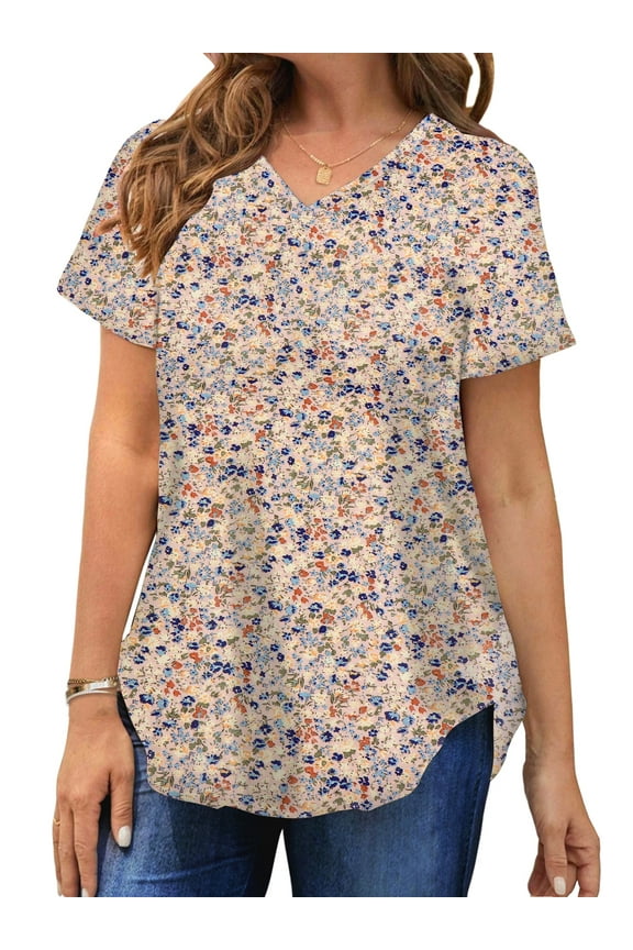 Plus Size T-shirts for Women V Neck Summer Tunic Tops Floral Print Curved Hem Women Shirts