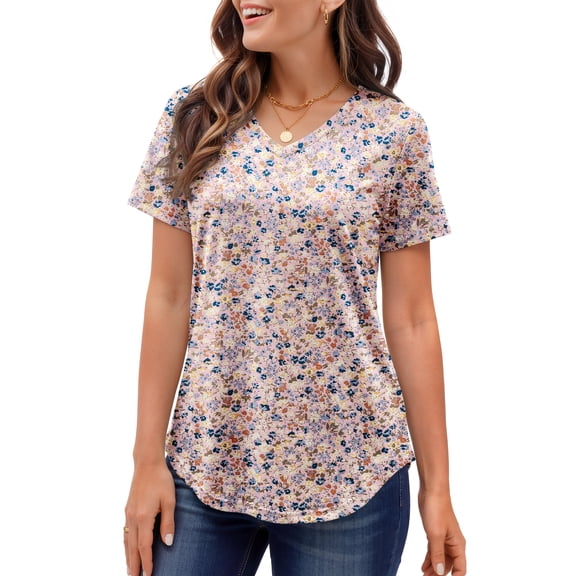 MOSHU Plus Size T-shirts for Women V Neck Summer Tunic Tops Floral Print Curved Hem Women Shirts