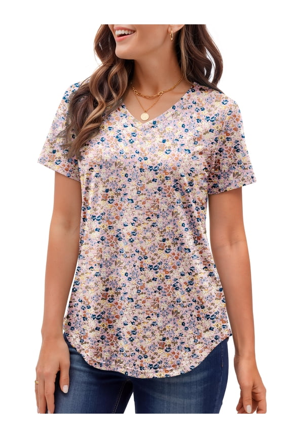 Plus Size T-shirts for Women V Neck Summer Tunic Tops Floral Print Curved Hem Women Shirts