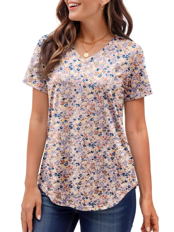 Plus Size T-shirts for Women V Neck Summer Tunic Tops Floral Print Curved Hem Women Shirts