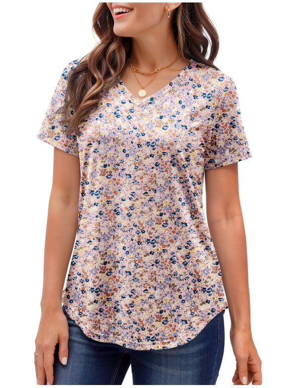 Plus Size T-shirts for Women V Neck Summer Tunic Tops Floral Print Curved Hem Women Shirts