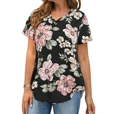 MOSHU Plus Size T-shirts for Women V Neck Summer Tunic Tops Floral Print Curved Hem Women Shirts