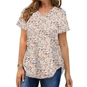 MOSHU Plus Size T-shirts for Women V Neck Summer Tunic Tops Floral Print Curved Hem Women Shirts