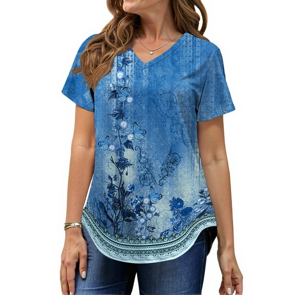 MOSHU Plus Size T-shirts for Women V Neck Summer Tunic Tops Floral Print Curved Hem Women Shirts