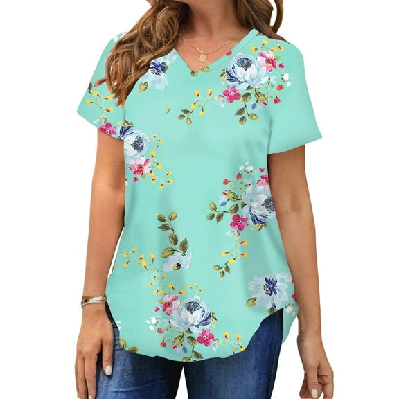 MOSHU Plus Size T-shirts for Women V Neck Summer Tunic Tops Floral Print Curved Hem Women Shirts