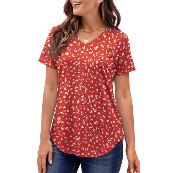MOSHU Plus Size T-shirts for Women V Neck Summer Tunic Tops Floral Print Curved Hem Women Shirts