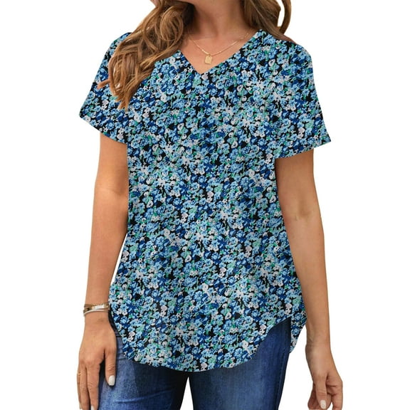 MOSHU Plus Size T-shirts for Women V Neck Summer Tunic Tops Floral Print Curved Hem Women Shirts
