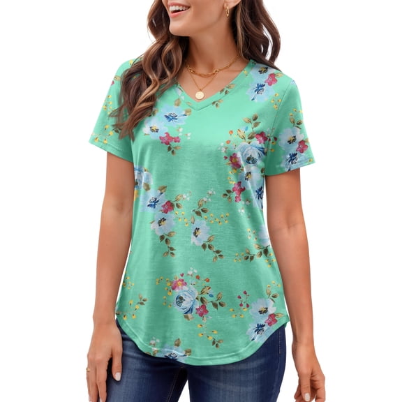 MOSHU Plus Size T-shirts for Women V Neck Summer Tunic Tops Floral Print Curved Hem Women Shirts