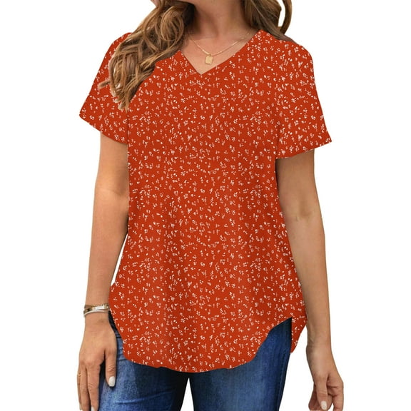 MOSHU Plus Size T-shirts for Women V Neck Summer Tunic Tops Floral Print Curved Hem Women Shirts
