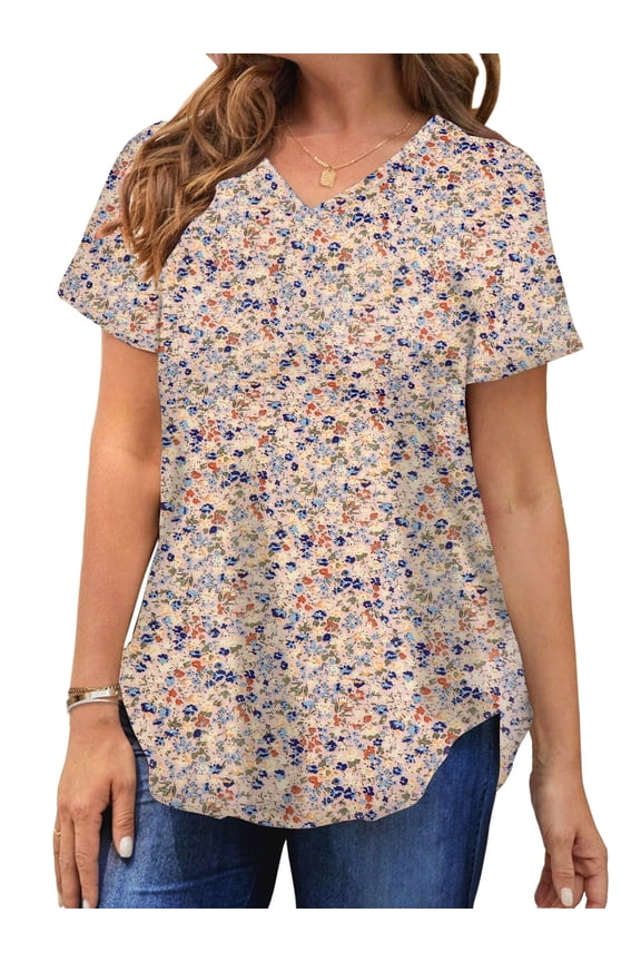 Plus Size T-shirts for Women V Neck Summer Tunic Tops Floral Print Curved Hem Women Shirts