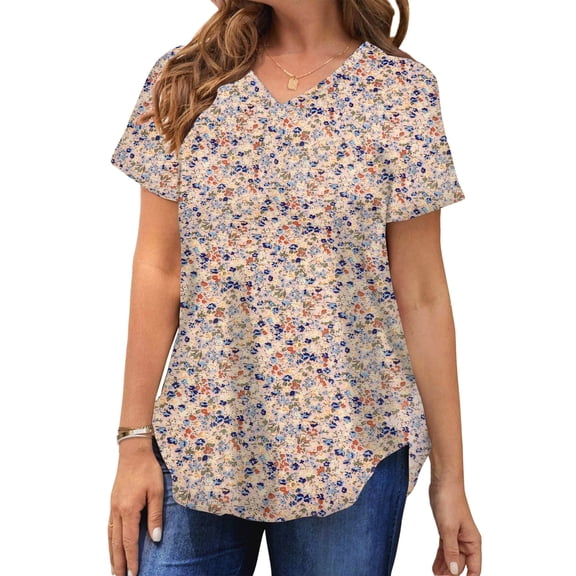 MOSHU Plus Size T-shirts for Women V Neck Summer Tunic Tops Floral Print Curved Hem Women Shirts