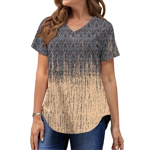 MOSHU Plus Size T-shirts for Women V Neck Summer Tunic Tops Floral Print Curved Hem Women Shirts