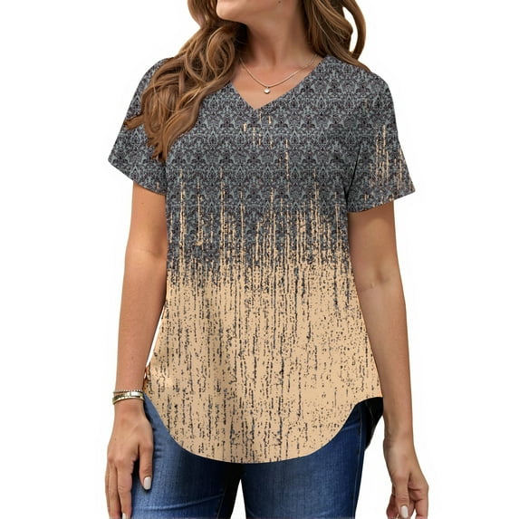 MOSHU Plus Size T-shirts for Women V Neck Summer Tunic Tops Floral Print Curved Hem Women Shirts