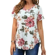 MOSHU Plus Size T-shirts for Women V Neck Summer Tunic Tops Floral Print Curved Hem Women Shirts