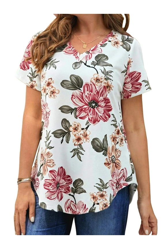 Plus Size T-shirts for Women V Neck Summer Tunic Tops Floral Print Curved Hem Women Shirts