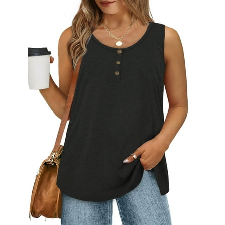 MOSHU Plus Size Tank Tops for Women Henley Sleeveless Shirts Summer Button Down Womens Tops