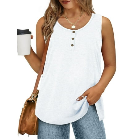 MOSHU Plus Size Tank Tops for Women Henley Sleeveless Shirts Summer Button Down Womens Tops