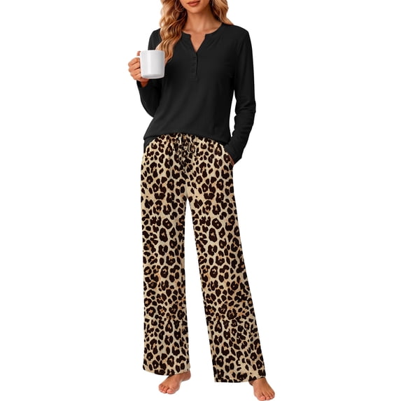 MOSHU Plus Size Womens Pajamas Sets V Neck Buttons Long Sleeve Tops add Printed Drawstring Pants with Pockets Casual Lounge Sets for Women
