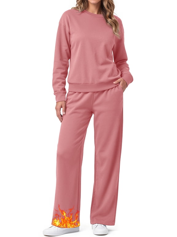 Plus Size Womens Sweatsuits 2 Piece Outfit Sets Winter Crewneck Sweatshirts and Loose Wide Leg Sweatpants Casual Fleece Lined Lounge Sets