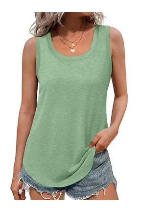 Ribbed Trim Tank Tops for Women Flowy Round Neck Women Shirts Loose Fit Sleeveless Summer Tops