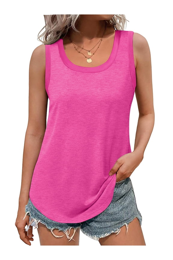 Ribbed Trim Tank Tops for Women Flowy Round Neck Women Shirts Loose Fit Sleeveless Summer Tops