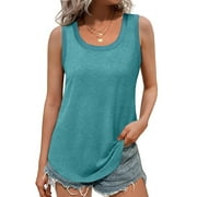 MOSHU Ribbed Trim Tank Tops for Women Flowy Round Neck Women Shirts Loose Fit Sleeveless Summer Tops