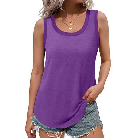 MOSHU Ribbed Trim Tank Tops for Women Flowy Round Neck Women Plus Size Shirts Loose Fit Sleeveless Summer Tops