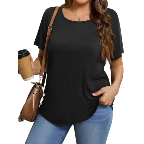 MOSHU Scoop Neck T-shirts for Women Short Sleeve Plus Size Tops Curved Hem Womens Shirts