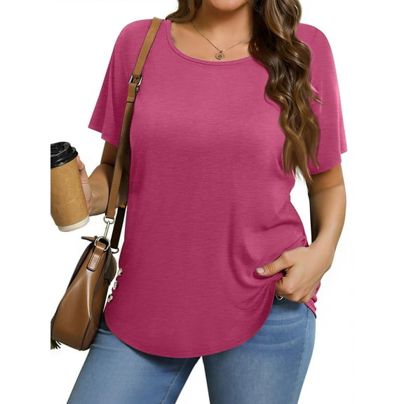 MOSHU Scoop Neck T-shirts for Women Short Sleeve Plus Size Tops Curved Hem Womens Shirts