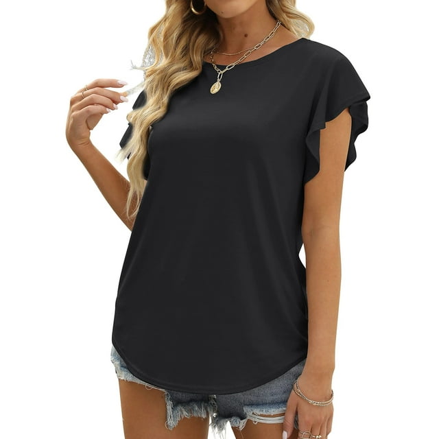 MOSHU Summer Blouses for Women Ruffle Sleeve Womens Tops Round Neck ...