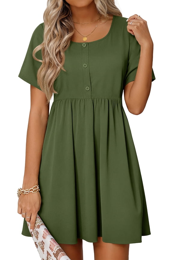 Summer Dresses for Women Crewneck Short Sleeve Midi Dress Casual Button A-Line Sundress with Pockets