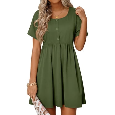 MOSHU Summer Dresses for Women Crewneck Short Sleeve Midi Dress Casual Button A-Line Sundress with Pockets