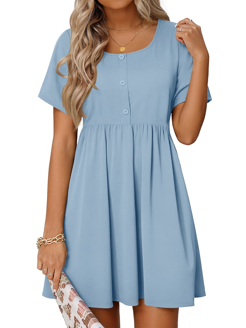 MOSHU Summer Dresses for Women Crewneck Short Sleeve Midi Dress Casual  Button A-Line Sundress with Pockets - Walmart.com