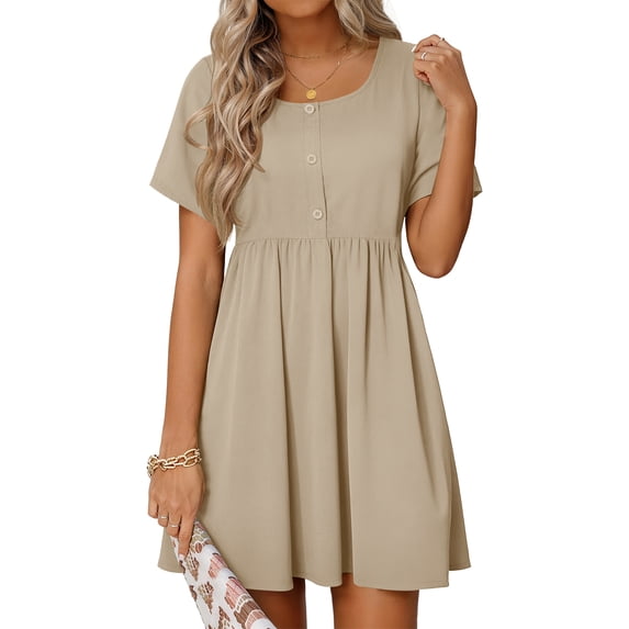 MOSHU Summer Dresses for Women Crewneck Short Sleeve Midi Dress Casual Button A-Line Sundress with Pockets