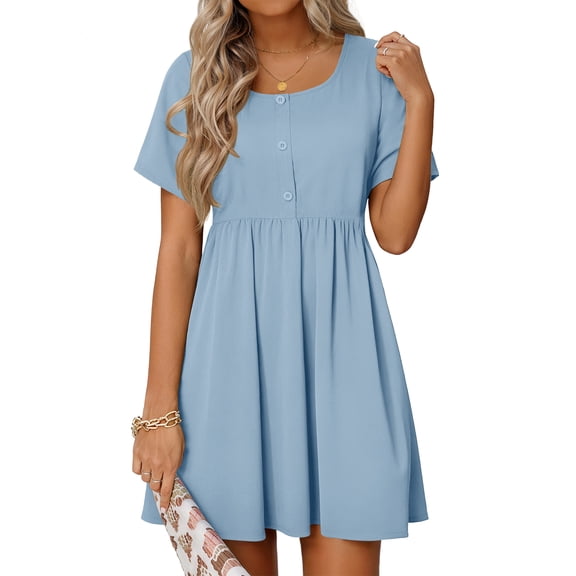 MOSHU Summer Dresses for Women Crewneck Short Sleeve Midi Dress Casual Button A-Line Sundress with Pockets