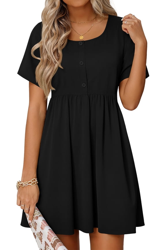 Summer Dresses for Women Crewneck Short Sleeve Midi Dress Casual Button A-Line Sundress with Pockets