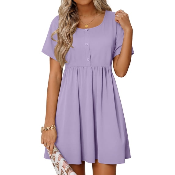 MOSHU Summer Dresses for Women Crewneck Short Sleeve Midi Dress Casual Button A-Line Sundress with Pockets
