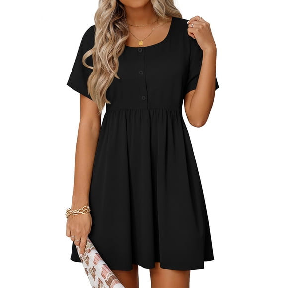 Summer Dresses for Women Crewneck Short Sleeve Midi Dress Casual Button A-Line Sundress with Pockets
