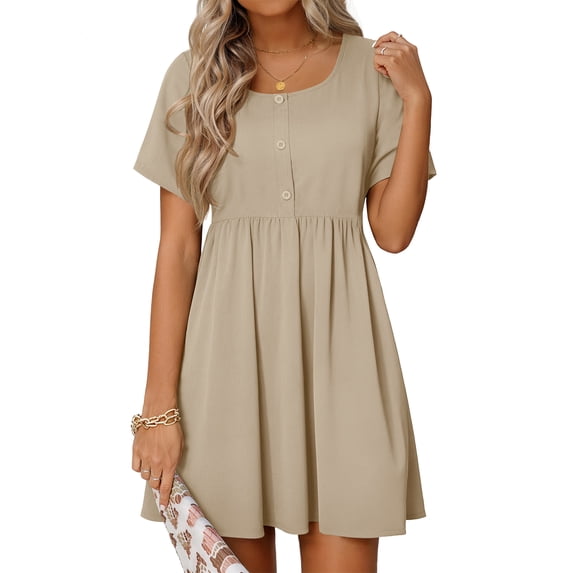 MOSHU Summer Dresses for Women Crewneck Short Sleeve Midi Dress Casual Button A-Line Sundress with Pockets