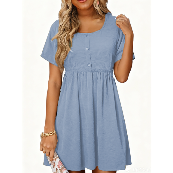 MOSHU Summer Dresses for Women Crewneck Short Sleeve Midi Dress Casual Button A-Line Sundress with Pockets