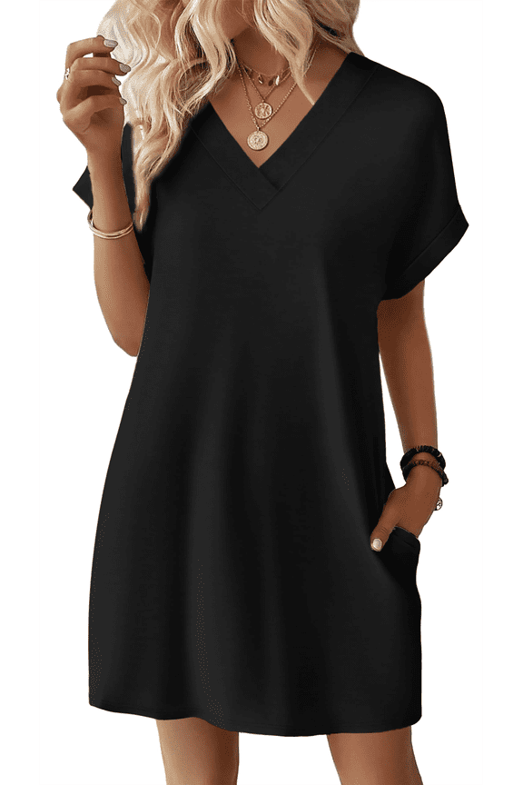 Summer Dresses for women V Neck Womens Dresses Short Sleeve Casual Midi Dress with Pockets